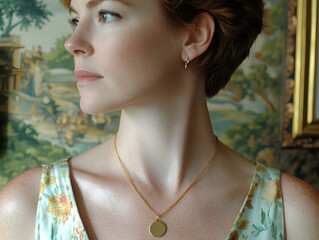 A close-up shot of a 30 year old short blond haired female model's neck with her head turned to the side, featuring an elegant gold chain necklace with one small round gold pendant, against the model'
