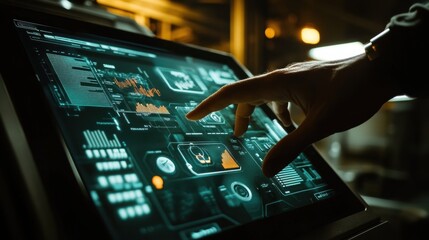 Engineer uses a futuristic touchscreen to control advanced software, monitoring performance metrics and system data in a high tech environment
