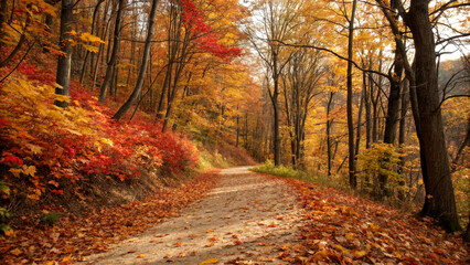 Obraz premium A forest trail covered in autumn leaves