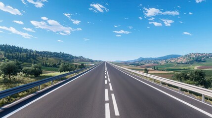 A straight highway stretches into the distance under a clear blue sky.