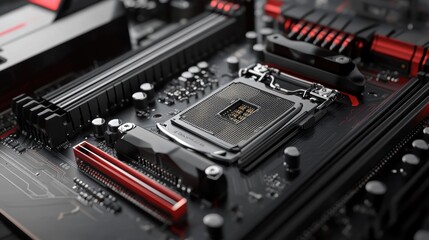 Fototapeta premium Close up view of a modern computer motherboard, highlighting the cpu socket and surrounding components, showcasing the intricate design and advanced technology of computer hardware