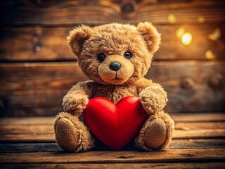 Obraz premium Macro Photography: Cute Teddy Bear with Red Heart on Rustic Wooden Background