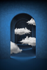 Abstract dark blue surreal 3d render with white clouds. Arch corridor indigo blue background concept rendering. Surrealistic interior 3d illustration.