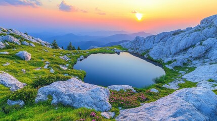 Mountaintop Pond Sunset Landscape Scenic View