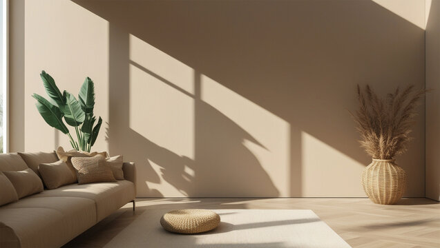 A modern beige interior with geometric sunlight, shadows, and natural decor, featuring an empty wall mockup for potential customization



