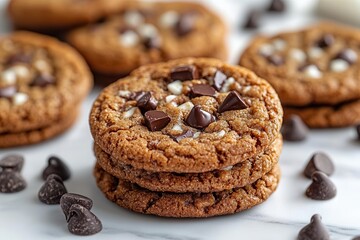 perfectly baked golden brown chocolate chip cookie with melting chunks isolated on pure white background for professional food photography