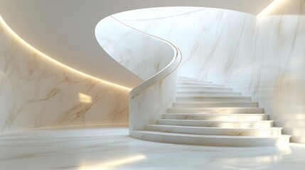 Obraz premium Modern, elegant spiral staircase of white marble with golden accents in a spacious, minimalist interior design. Sunlight streams through a skylight above.
