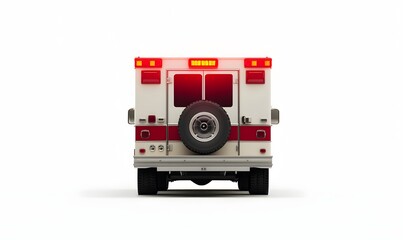 Fototapeta premium Rear view of a classic white and red ambulance with flashing lights on a white background.