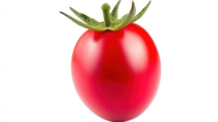 A shiny red tomato with green leaves on top, isolated on white.