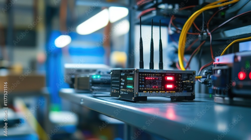 Poster electronic device with multiple antennas and blinking led lights is placed on metal shelf in server 