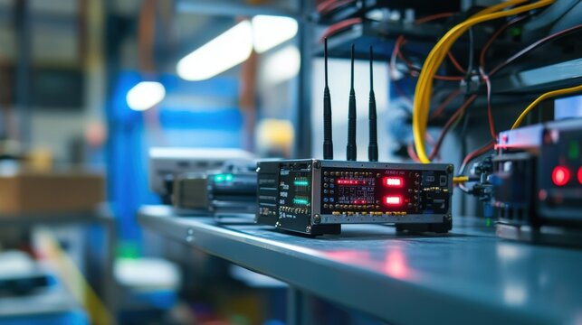 Electronic device with multiple antennas and blinking led lights is placed on metal shelf in server room, suggesting testing or operation of telecommunication hardware