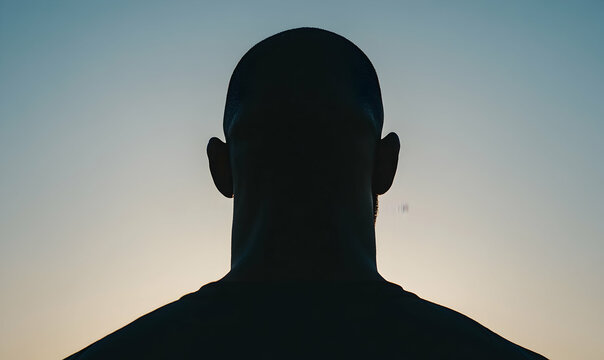 Silhouetted man's back against a sunset, conveying introspection, peace, or contemplation.  Perfect for themes of mindfulness, reflection, and solitude.