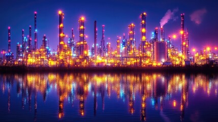 Nighttime Industrial Refinery Complex Illuminated Reflecting In Water