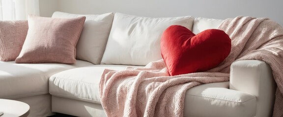 Cozy white sofa with heart pillow and pink blanket.