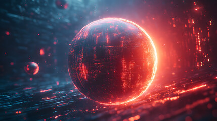 A glowing sphere representing a planet surrounded by time loops and quantum particles, showing the dynamic interaction of time, space, and matter 