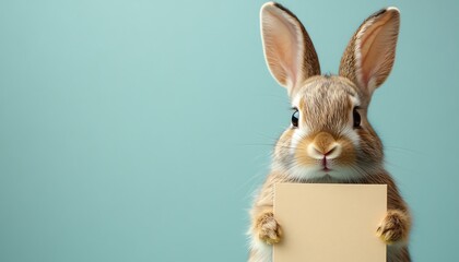 Obraz premium A cute, friendly rabbit holding a blank sign in front of a solid background, perfect for customizable text, colorful and fun design