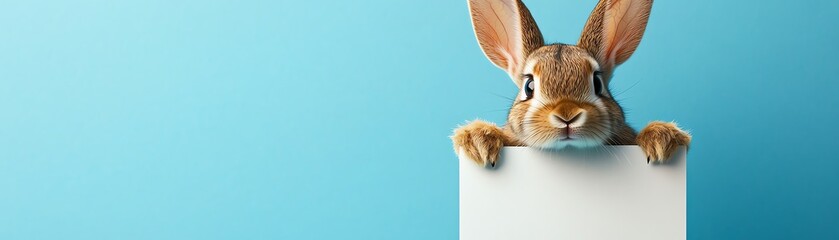 Obraz premium A cute rabbit with big ears holding a blank sign, placed against a solid background, perfect for adding custom text, cheerful and adorable design