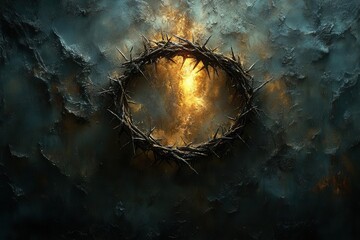 powerful religious artwork depicting crown of thorns with dramatic lighting and symbolic scattered nails on dark textured background