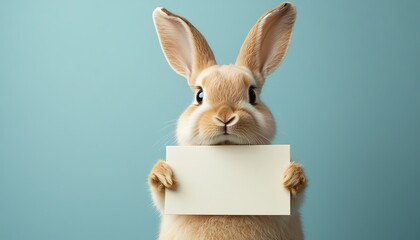 A fluffy rabbit holding a blank sign, set against a solid background, ideal for adding custom text, clean and minimalist design with a sweet vibe