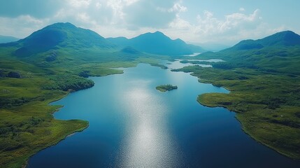 Serene Highland Lake Nestled Among Rolling Green Mountains