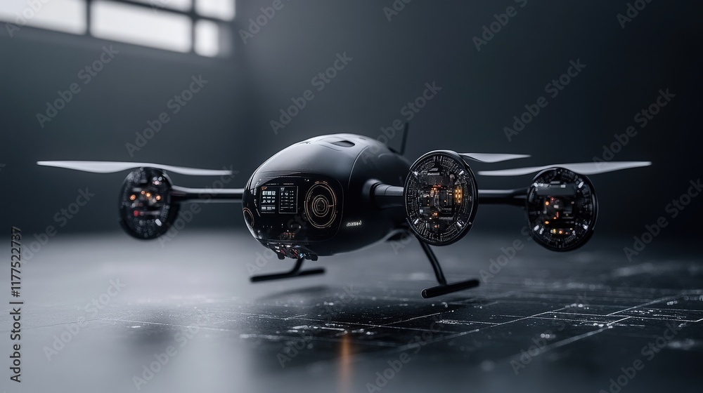 Poster futuristic drone design in low light environment with advanced technology features and sleek aesthet