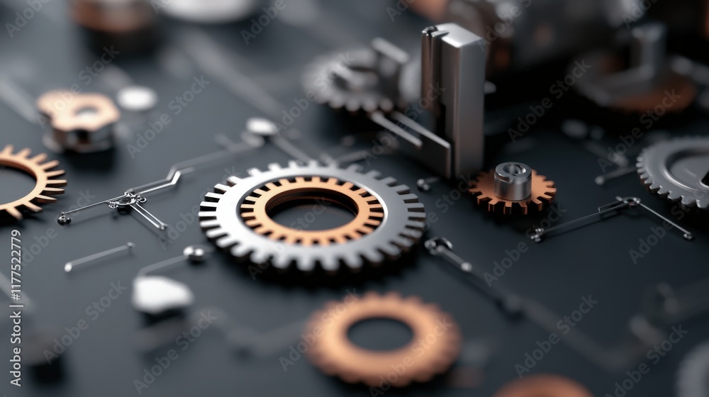 Poster intricate close-up of metallic gears and mechanical components on a dark background, showcasing the 