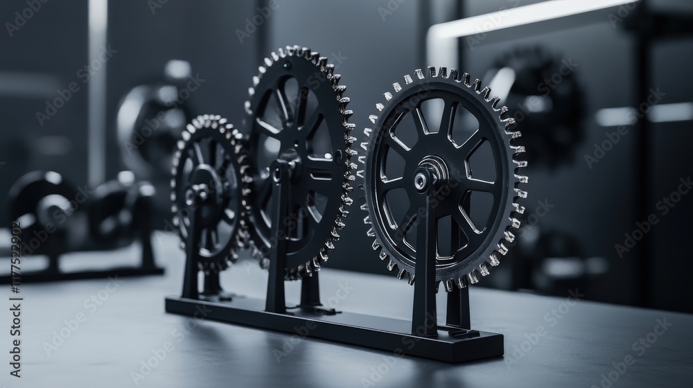 Poster close-up of black gears meshing together on industrial workbench showcasing precision engineering an