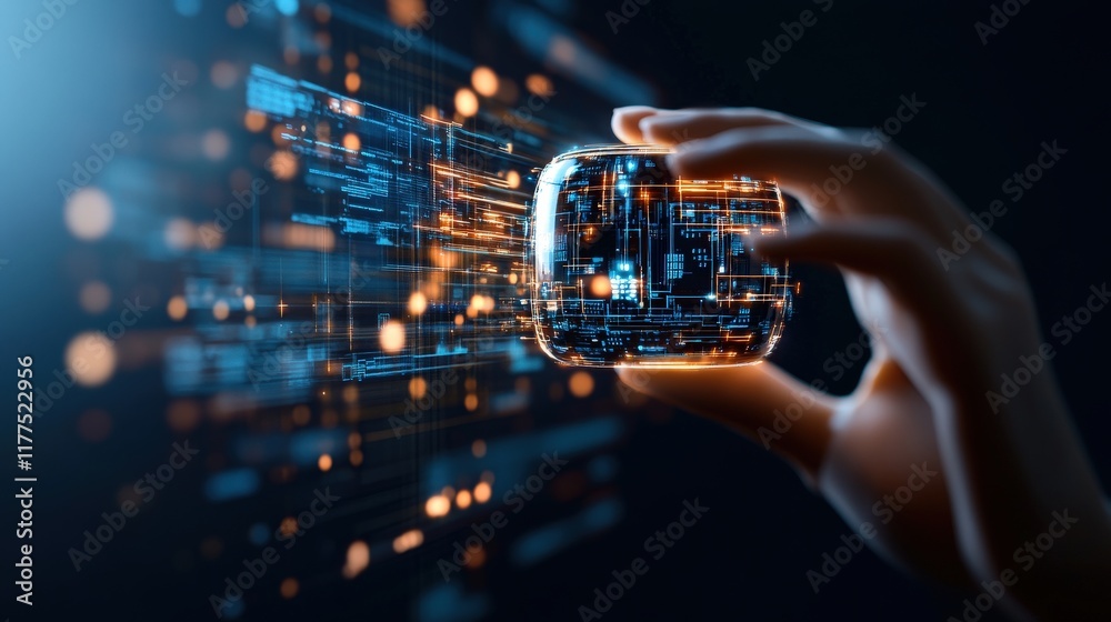 Aufkleber Futuristic Hand Holding a Glowing Sphere with Digital Data Stream Representing Advanced Technology and Innovations in Cybernetics and Data Science