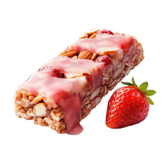 granola bar topped with a glossy strawberry glaze. showcasing a mix of nuts and dried fruits. alongside a fresh strawberry this visually appealing snack emphasizes health and convenience. making it an