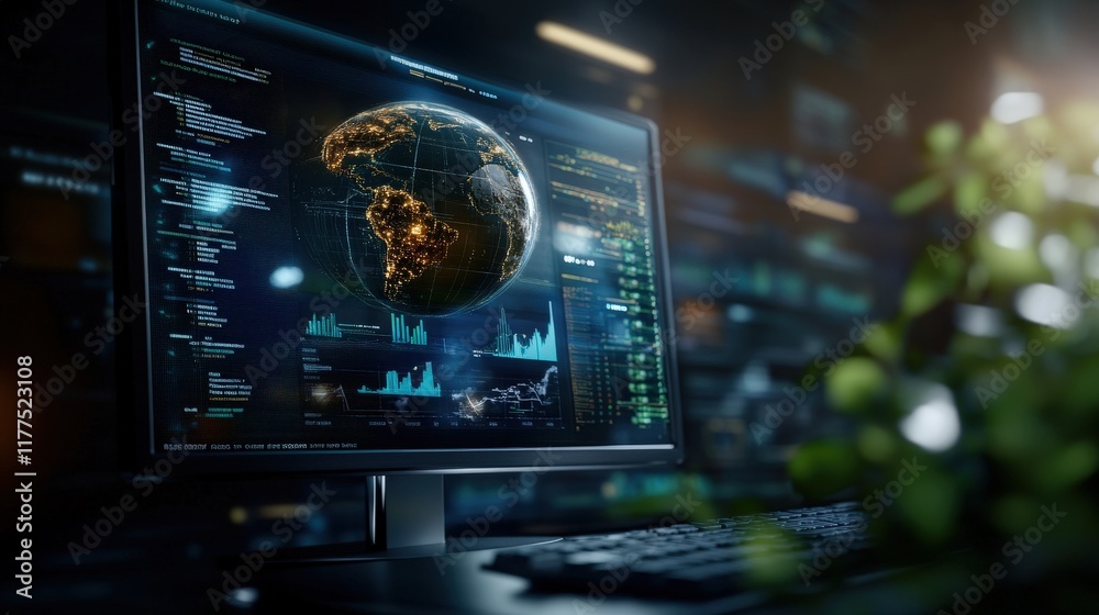 Aufkleber Futuristic Computer Monitor Displaying Global Data and Statistics with Earth Visualization in a High-Tech Environment