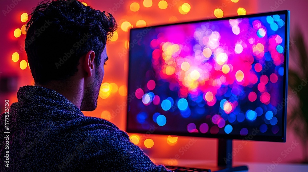 Fototapete Tech troubleshooting presented with a professional calibrating a monitor for optimal display Stock Photo with side copy space