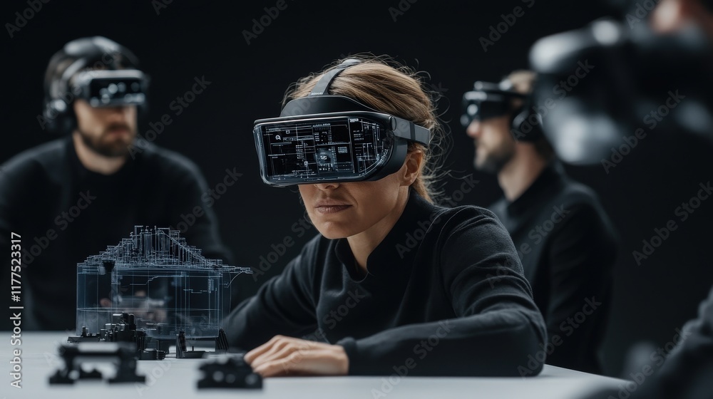 Poster Group of Individuals Engaged in Virtual Reality Experience with Advanced Headsets for Immersive Technology Interaction and Design Visualization in a Dark Environment