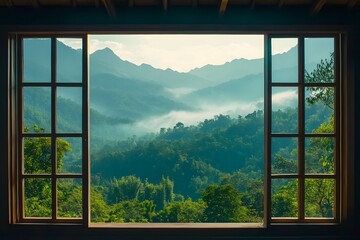 Naklejka premium Mountain View Through Wooden Window
