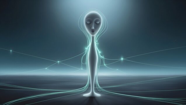 A lone, androgynous abstract figure with an ethereal glow, standing in a vast, dark, gradient blue background, surrounded by faint, shimmering starlight, exudes an aura of melancholic solitude, its sl