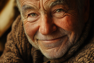 A cheerful elderly man with a warm smile sits in a rustic environment, showcasing his wrinkled face and lively eyes. Soft light enhances the charming atmosphere around him. Generative AI