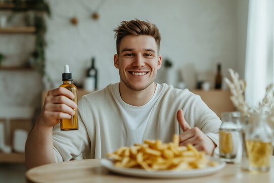 A cheerful young man enjoys his meal while holding mct oil, promoting a balanced approach to the Ketogenic diet and supporting weight loss goals.