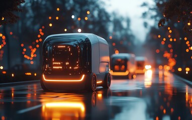 An ecoconscious logistics concept with electric vehicles and delivery vans, focusing on sustainable transportation solutions and clean energy, modern and futuristic visual