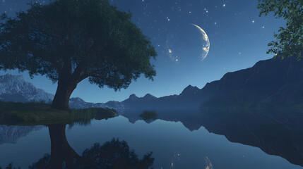 A serene landscape at dusk with a perfect reflection of the night sky in calm water, symbolizing the passage of time across a vast space 