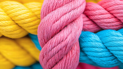 Close-up of colorful twisted ropes, vibrant pink, yellow, and blue cords intertwined.