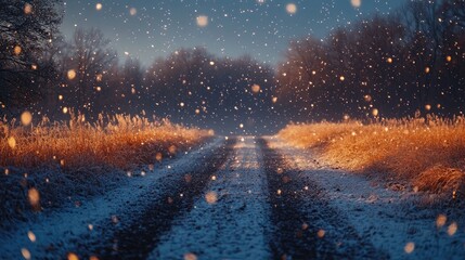Fototapeta premium Snowy Winter Road Scene With Golden Grass And Falling Snow