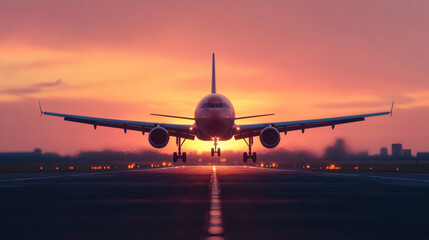 Airplane landing at sunset.