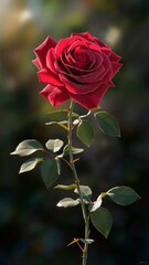 Red rose with green leaves on its black background