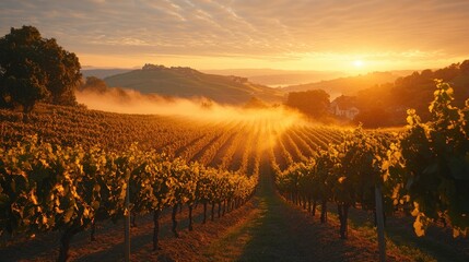 Fototapeta premium Golden Sunrise Over Rolling Vineyard Hills