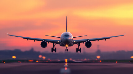 Airplane landing at sunset, runway lights visible.