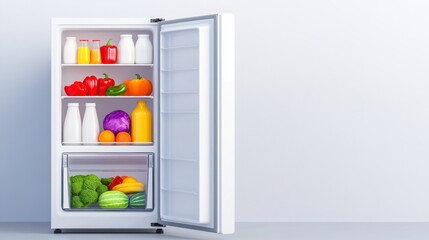 Open refrigerator filled with various food and drink items.