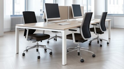 Modern office workspace with desks and ergonomic chairs.