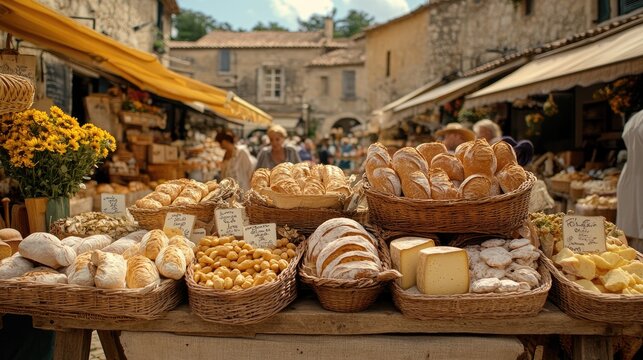 Artisan Breads And Cheeses At A European Market
