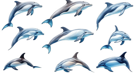 collection of stylized dolphins. showcasing various poses and angles. emphasizing their sleek bodies and dynamic movement this illustration serves as a graphic resource. ideal for educational material