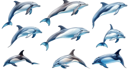 collection of stylized dolphins. showcasing various poses and angles. emphasizing their sleek bodies and dynamic movement this illustration serves as a graphic resource. ideal for educational material