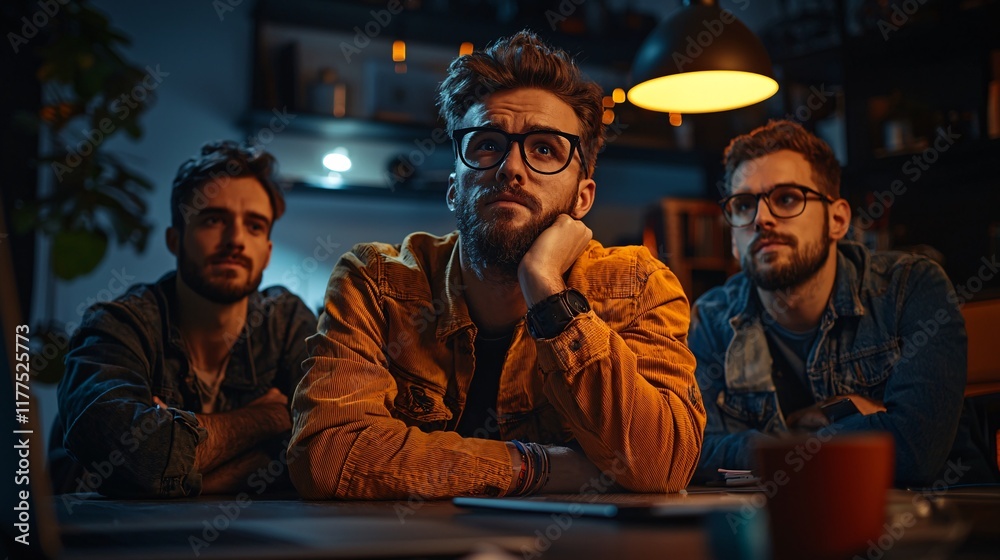 Aufkleber Tech troubleshooting highlighted with a team brainstorming to solve network outages Stock Photo with side copy space
